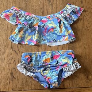 Girls 5T Tropical Off-Shoulder Ruffle Bikini - Blue Floral